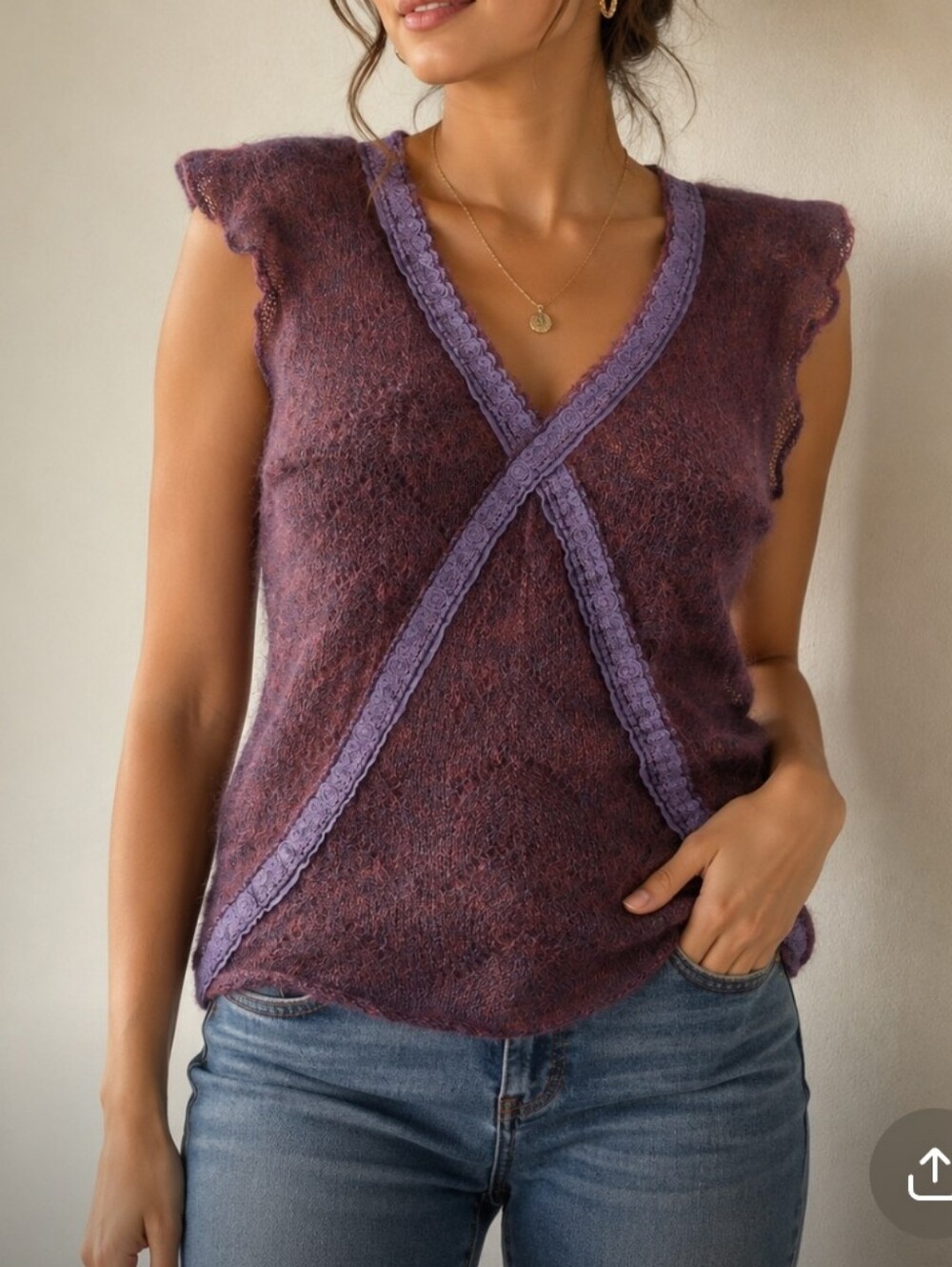 Vintage Y2K Whimsigoth Knit Mesh Tank Top with Purple Cross Trim